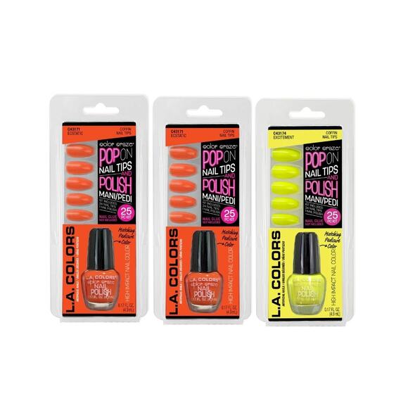 3 Pack LA Colors Color Craze Pop On Nail Tips Polish Excitement Ecstatic - Picture 1 of 1